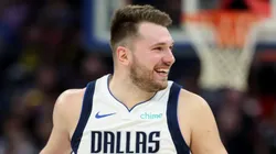 Luka Doncic #77 of the Dallas Mavericks reacts after the Mavericks made a basket against the Golden State Warriors