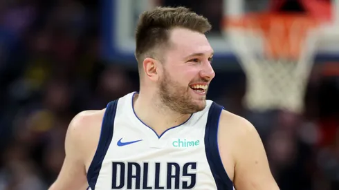 Luka Doncic #77 of the Dallas Mavericks reacts after the Mavericks made a basket against the Golden State Warriors