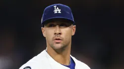 Jack Flaherty during his time with the Los Angeles Dodgers reacting to the third out of the fourth inning against the New York Yankees during Game One of the 2024 World Series at Dodger Stadium on October 25, 2024 in Los Angeles, California.