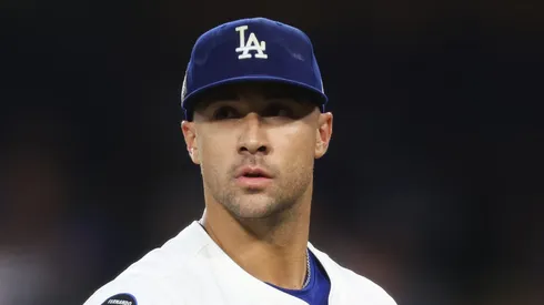 Jack Flaherty during his time with the Los Angeles Dodgers reacting to the third out of the fourth inning against the New York Yankees during Game One of the 2024 World Series at Dodger Stadium on October 25, 2024 in Los Angeles, California.