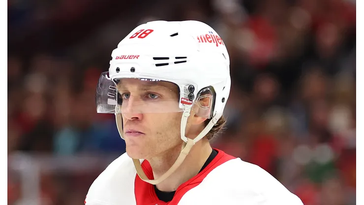 Patrick Kane #88 of the Detroit Red Wings looks on against the Chicago Blackhawks during the first period at the United Center on November 06, 2024 in Chicago, Illinois.
