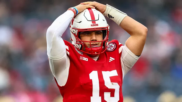Dylan Raiola #15 of the Nebraska Cornhuskers reacts after an incomplete pass during the first quarter of the Bad Boy Mowers Pinstripe Bowl against the Boston College Eagles at Yankee Stadium on December 28, 2024 in New York City.