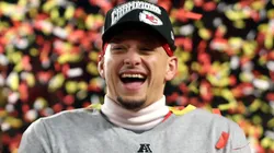 Patrick Mahomes #15 of the Kansas City Chiefs celebrates after the Chiefs defeated the Buffalo Bills 32-29 to win the AFC Championship Game at GEHA Field at Arrowhead Stadium on January 26, 2025 in Kansas City, Missouri.