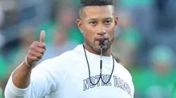 Head coach Marcus Freeman of the Notre Dame Fighting Irish looks on prior to the game against the Ohio State Buckeyes at Notre Dame Stadium on September 23, 2023 in South Bend, Indiana.