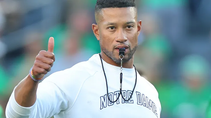 Head coach Marcus Freeman of the Notre Dame Fighting Irish looks on prior to the game against the Ohio State Buckeyes at Notre Dame Stadium on September 23, 2023 in South Bend, Indiana.
