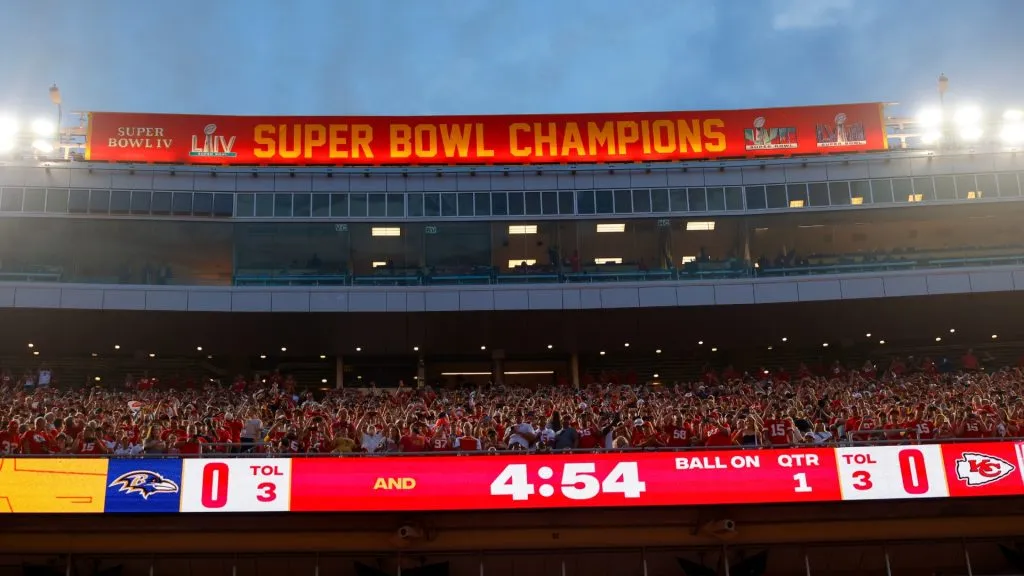 A general view of signage reading, “Super Bowl Champions” is seen before the Kansas City Chiefs take on the Baltimore Ravens at GEHA Field at Arrowhead Stadium on September 05, 2024. (Source: Eulitt/Getty Images)