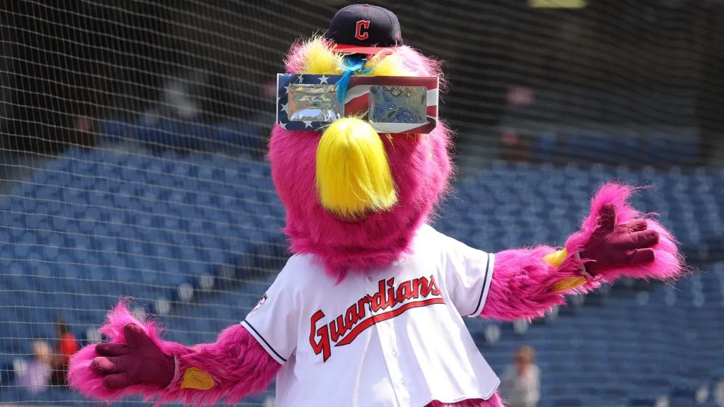 Cleveland Guardians mascot Slider poses while wearing eclipse glasses before the home opener against the Chicago White Sox at Progressive Field on April 08, 2024. (Source: Mike Lawrie/Getty Images)