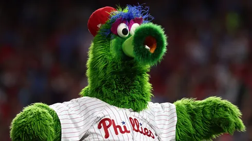 The Phillie Phanatic mascot reacts before Game Seven of the Championship Series between the Philadelphia Phillies and the Arizona Diamondbacks at Citizens Bank Park on October 24, 2023.