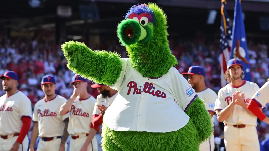 Mascot Phillie Phanatic of the Philadelphia Phillies reacts on the field prior to Game One of the Division Series against the New York Mets at Citizens Bank Park on October 05, 2024. (Source: Hunter Martin/Getty Images)