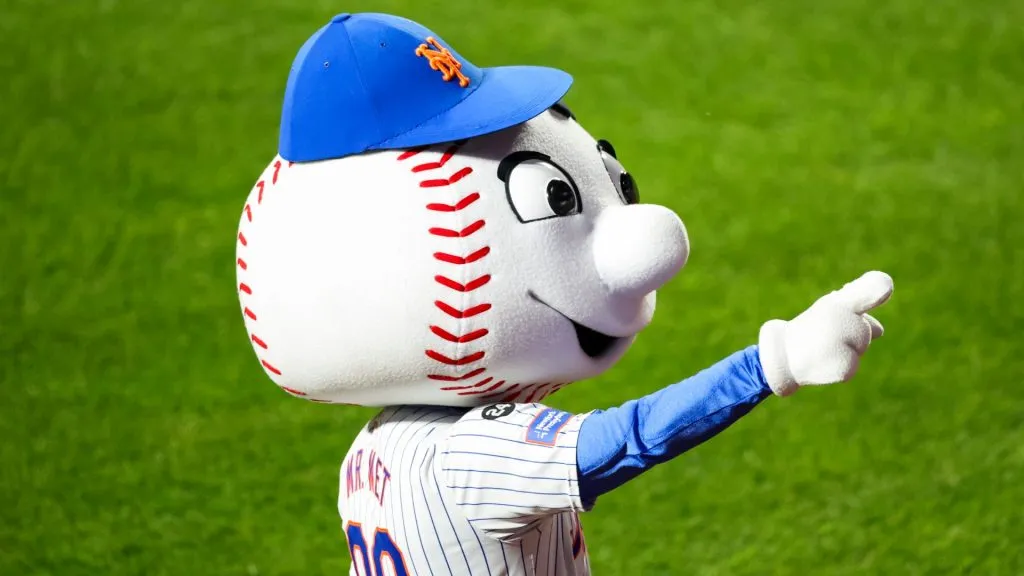 New York Mets. mascot Mr. Met reacts after the Mets defeated the Los Angeles Dodgers, 12-6, in Game Five of the National League Championship Series at Citi Field on October 18, 2024. (Source: Luke Hales/Getty Images)