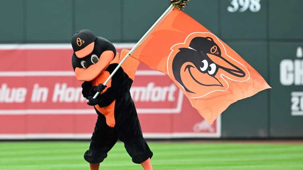 Mascot of the Baltimore Orioles, The Oriole Bird, performs prior to Game Two of the Wild Card Series against the Kansas City Royals at Oriole Park at Camden Yards on October 02, 2024. (Source: Greg Fiume/Getty Images)