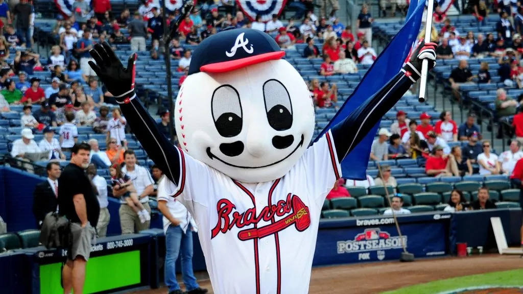 Homer the Brave poses before the Braves take on the St. Louis Cardinals during the National League Wild Card playoff game at Turner Field on October 5, 2012. (Source: Scott Cunningham/Getty Images)