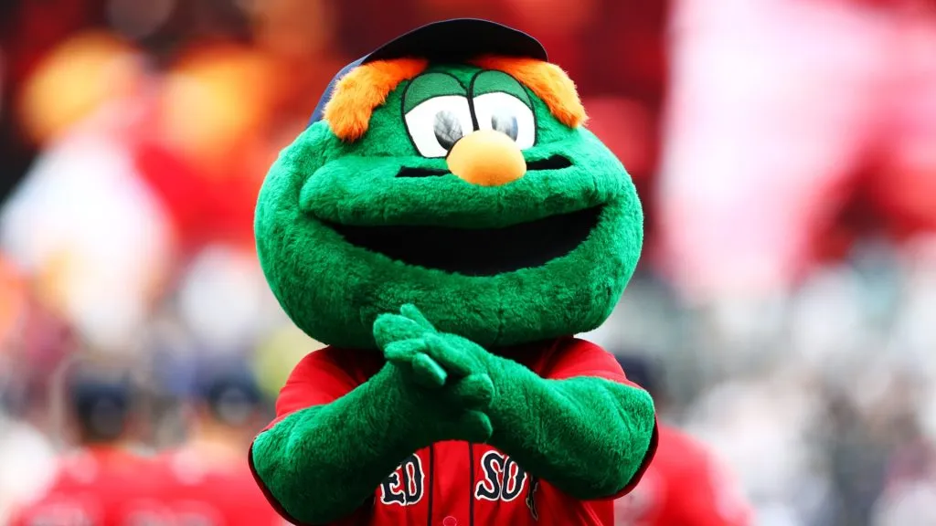 Wally the Green Monster, the mascot of the Boston Red Sox applauds the fans before the MLB London Series game between Boston Red Sox and New York Yankees in 2019. (Source: Dan Istitene/Getty Images)
