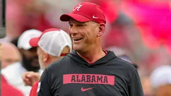 Head coach Kalen DeBoer of the Alabama Crimson Tide is all smiles prior to kickoff against the Western Kentucky Hilltoppers at Bryant-Denny Stadium on August 31, 2024 in Tuscaloosa, Alabama.