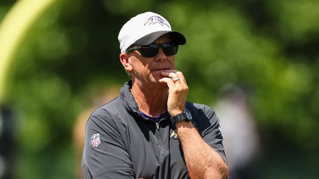 Offensive Coordinator Todd Monken of the Baltimore Ravens looks on during training camp at Under Armour Performance Center Baltimore Ravens on August 12, 2024 in Owings Mills, Maryland.