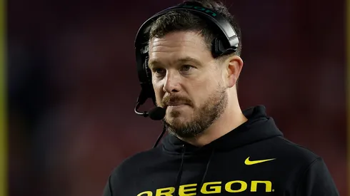 Head coach Dan Lanning of the Oregon Ducks looks on second quarter against the Wisconsin Badgers at Camp Randall Stadium on November 16, 2024 in Madison, Wisconsin.