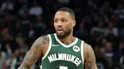 Damian Lillard #0 of the Milwaukee Bucks handles the ball during a game against the Miami Heat