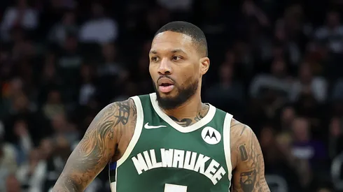 Damian Lillard #0 of the Milwaukee Bucks handles the ball during a game against the Miami Heat