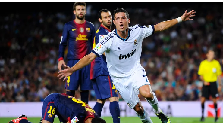 Cristiano Ronaldo of Real Madrid CF celebrates after scoring the opening goal during the Super Cup first leg match between FC Barcelona and Real Madrid at Camp Nou on August 23, 2012 in Barcelona, Spain.