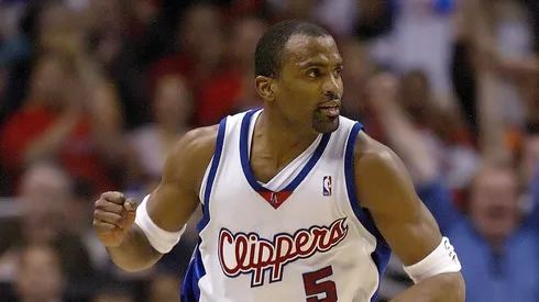 Cuttino Mobley #5 of the Los Angeles Clippers celebrates a basket near the end of the first half against the Denver Nuggets