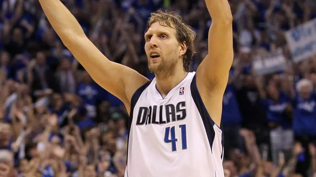 Dirk Nowitzki #41 of the Dallas Mavericks reacts after making a three-pointer in the fourth quarter while taking on the Oklahoma City Thunder during the 2011 NBA Playoffs. (Source: Ronald Martinez/Getty Images)