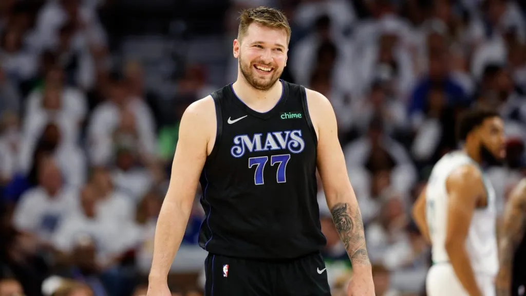 Luka Doncic #77 of the Dallas Mavericks reacts during the third quarter against the Minnesota Timberwolves in Game Two of the Western Conference Finals at Target Center on May 24, 2024. (Source: David Berding/Getty Images)