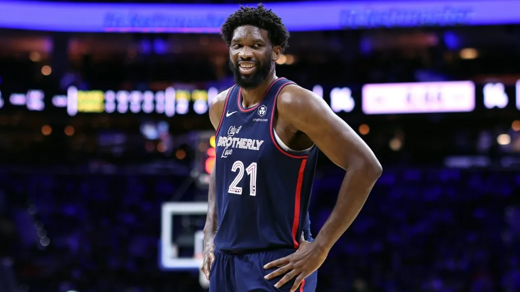 Joel Embiid #21 of the Philadelphia 76ers reacts during the first quarter against the Minnesota Timberwolves at the Wells Fargo Center on December 20, 2023. (Source: Tim Nwachukwu/Getty Images)