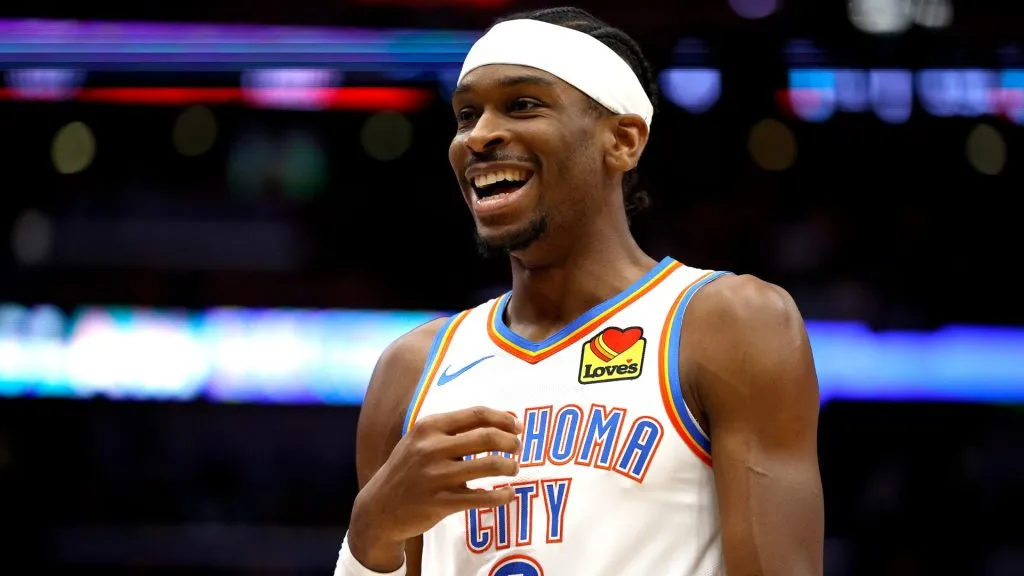 Shai Gilgeous-Alexander #2 of the Oklahoma City Thunder reacts to a call during the first quarter of Game Three of the first round of the 2024 NBA Playoffs. (Source: Sean Gardner/Getty Images)