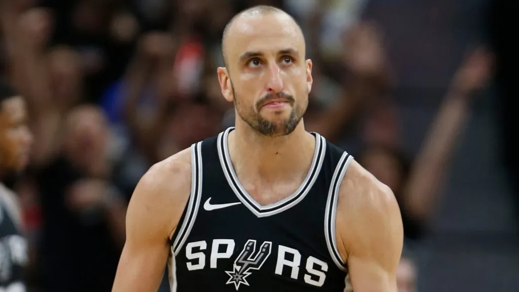 Manu Ginobili #20 of the San Antonio Spurs reacts after a basket against the Golden State Warriors in the second half of Game Four of Round One of the 2018 NBA Playoffs. (Source: Ronald Cortes/Getty Images)