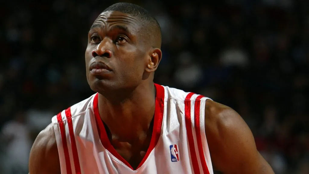 Dikembe Mutombo #55 of the Houston Rockets shoots a free throw during the game with the Orlando Magic on January 24, 2005. (Source: Ronald Martinez/Getty Images)