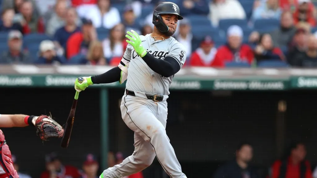 Yoan Moncada #10 of the Chicago White Sox hits a single in the first inning against the Cleveland Guardians at Progressive Field on April 08, 2024 in Cleveland, Ohio. (Photo by Mike Lawrie/Getty Images)