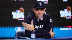 Manager Aaron Boone #17 of the New York Yankees talks to the media after the Los Angeles Dodgers defeated the New York Yankees 7-6 in game 5 to win the 2024 World Series at Yankee Stadium on October 30, 2024 in the Bronx borough of New York City.