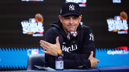 Manager Aaron Boone #17 of the New York Yankees talks to the media after the Los Angeles Dodgers defeated the New York Yankees 7-6 in game 5 to win the 2024 World Series at Yankee Stadium on October 30, 2024 in the Bronx borough of New York City.