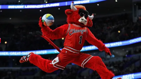 Benny, the mascot for the Chicago Bulls, performs during a break between the Bulls and the New Orleans Pelicans at the United Center on January 14, 2017.
