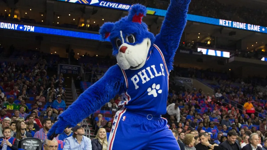 Philadelphia 76ers mascot Franklin dances during a timeout in the game against the Utah Jazz on October 30, 2015. (Source: Mitchell Leff/Getty Images)