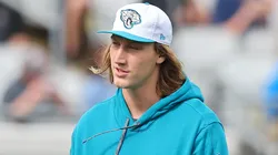 Shahid Khan, owner of the Jacksonville Jaguars, talks with Trevor Lawrence #16 before the game against the New York Jets at EverBank Stadium on December 15, 2024 in Jacksonville, Florida.