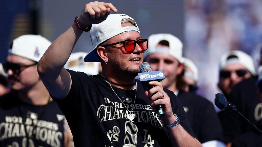 Miguel Rojas #11 of the Los Angeles Dodgers speaks during the 2024 World Series Celebration Show at Dodger Stadium on November 01, 2024 in Los Angeles, California. (Photo by Ronald Martinez/Getty Images)