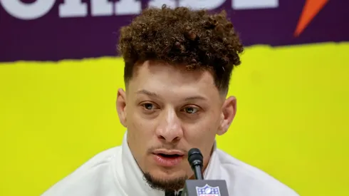 Kansas City Chiefs quarterback Patrick Mahomes answers questions inside the Caesars Superdome during the Super Bowl Opening Night on February 3, 2025 in New Orleans, Louisiana.