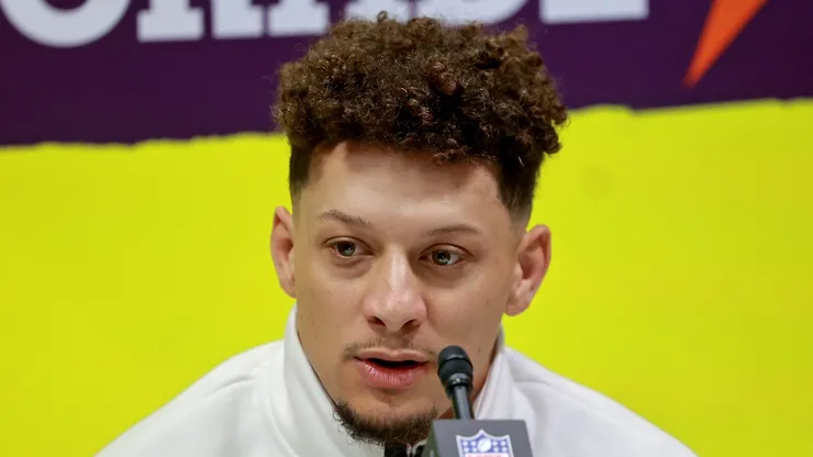 Kansas City Chiefs quarterback Patrick Mahomes answers questions inside the Caesars Superdome during the Super Bowl Opening Night on February 3, 2025 in New Orleans, Louisiana.