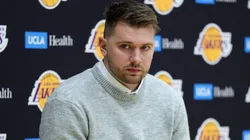 Luka Doncic, formerly of the Dallas Mavericks, looks on at a press conference introducing him as a new member of the Los Angeles Lakers at UCLA Health Training Center on February 04, 2025 in El Segundo, California.