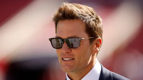 Tom Brady looks on during warm ups prior to the game between the New Orleans Saints and the Tampa Bay Buccaneers at Raymond James Stadium on January 05, 2025 in Tampa, Florida.