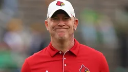 Head coach Jeff Brohm of the Louisville Cardinals looks on prior to the game against the Notre Dame Fighting Irish at Notre Dame Stadium on September 28, 2024 in South Bend, Indiana.