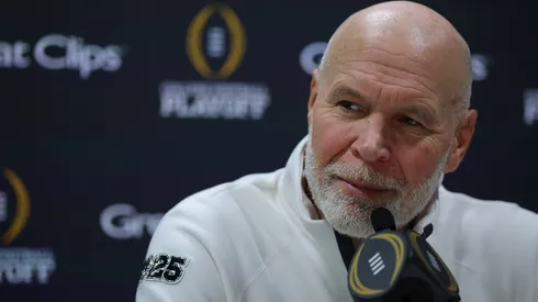 Defensive coordinator Jim Knowles of the Ohio State Buckeyes speaks to the media during the Ohio State Buckeyes media day at the Georgia World Congress Center prior to the 2025 CFP National Championship between the Ohio State Buckeyes and Notre Dame Fighting Irish on January 18, 2025 in Atlanta, Georgia.