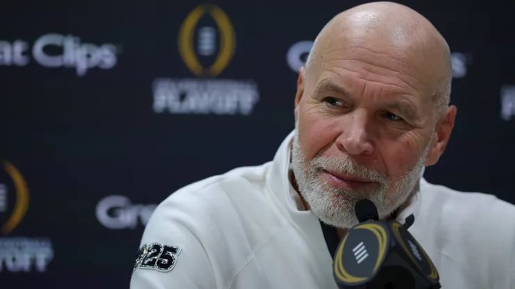 Defensive coordinator Jim Knowles of the Ohio State Buckeyes speaks to the media during the Ohio State Buckeyes media day at the Georgia World Congress Center prior to the 2025 CFP National Championship between the Ohio State Buckeyes and Notre Dame Fighting Irish on January 18, 2025 in Atlanta, Georgia.