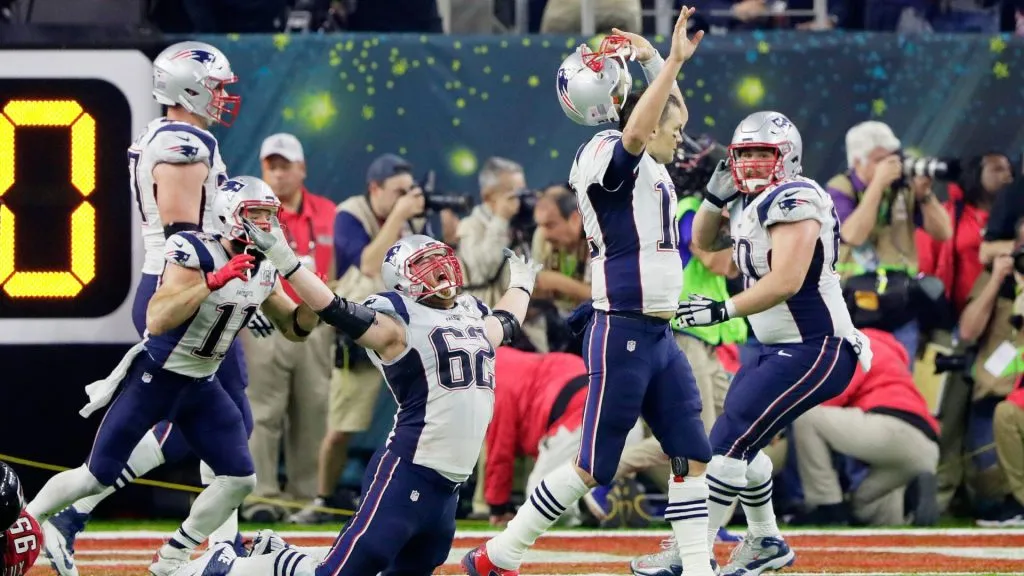 Tom Brady #12 of the New England Patriots reacts after defeating the Atlanta Falcons 34-28 in overtime during Super Bowl 51 at NRG Stadium on February 5, 2017. (Source: Jamie Squire/Getty Images)