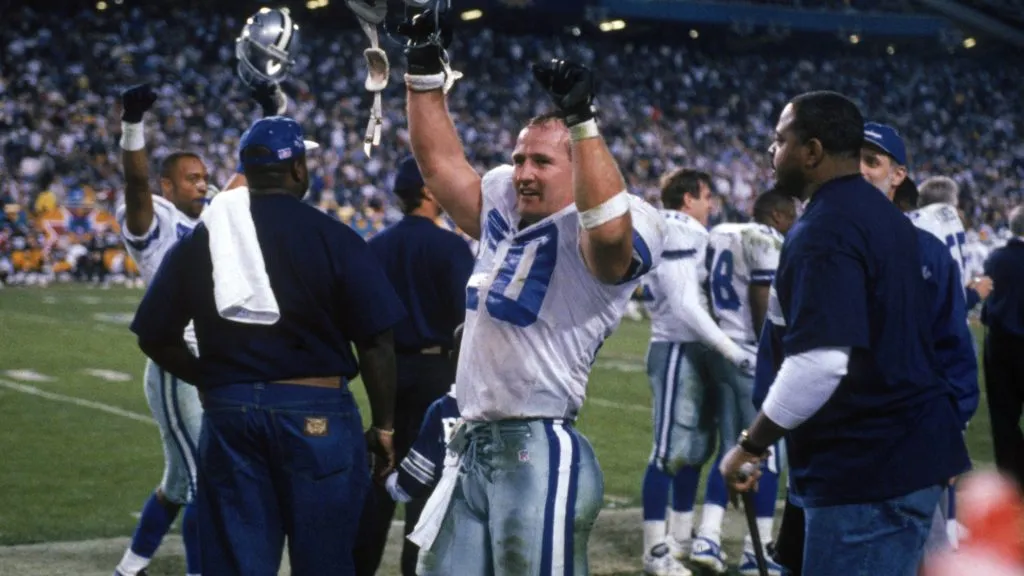 Safety Bill Bates of the Dallas Cowboys celebrates on the sidelines during Super Bowl XXX against the Pittsburgh Steelers in 1996. (George Rose/Getty Images)