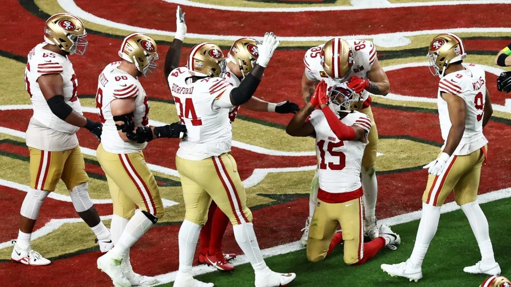 Jauan Jennings of the San Francisco 49ers celebrates after scoring a touchdown against the Kansas City Chiefs during Super Bowl LVIII. (Tim Nwachukwu/Getty Images)