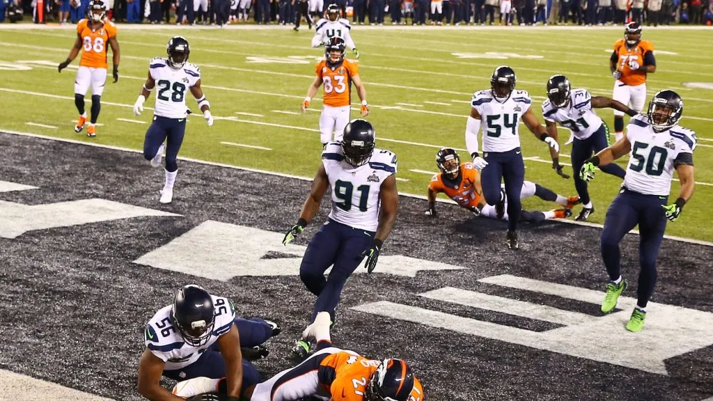 Running back Knowshon Moreno of the Denver Broncos recovers the ball in the endzone against the Seattle Seahawks during Super Bowl XLVIII. (Tom Pennington/Getty Images)