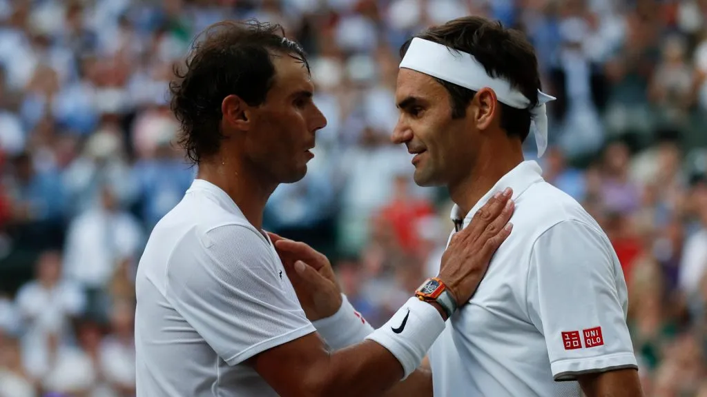 Roger Federer and Rafael Nadal after their 2019 Wimbledon semifinal match (Clive Brunskill/Getty Images)