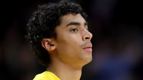 Max Christie #10 of the Los Angeles Lakers looks on prior to a game against the Golden State Warriors at Crypto.com Arena on March 16, 2024 in Los Angeles, California.